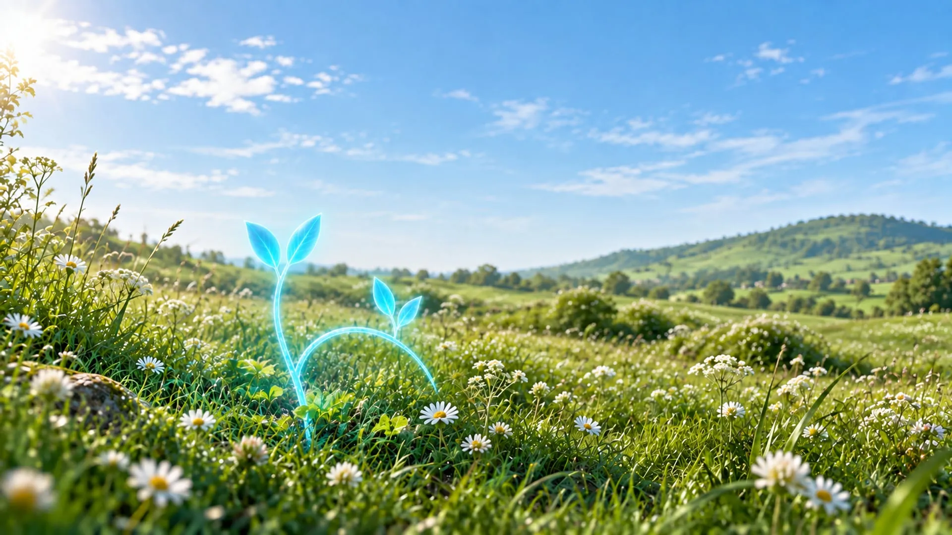 AI Act voor het mkb, cyan plantenscheuten met een steunboog in een zonnige bloemenweide