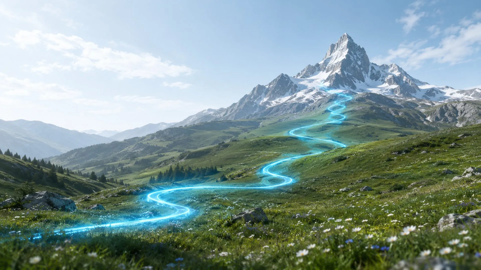 AI consultancy, een cyaan lichtpad dat door een groen berglandschap omhoog kronkelt naar de bergtop