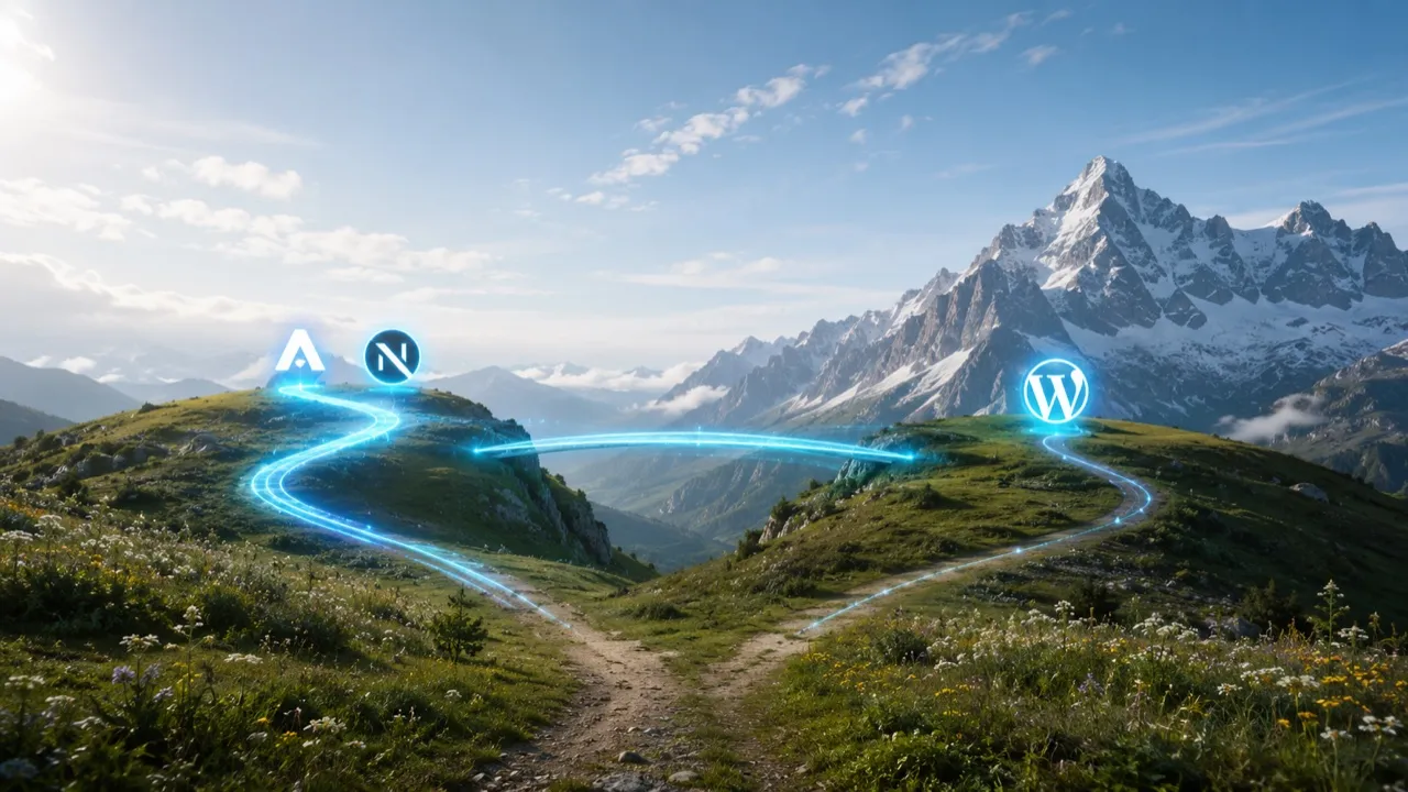 Astro en Next.js vs WordPress, twee gelijke heuvels met een snellere cyaan lichtbrug ertussen