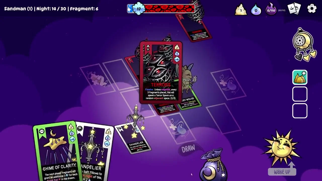Gameplay uit de trailer van Bag of Dreams: kaarten op het speelveld en nachtmerries die binnenkomen