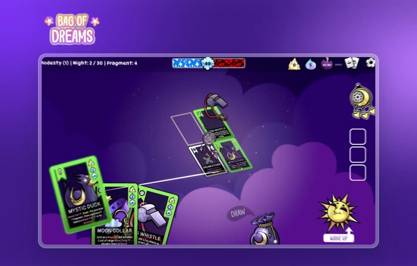 Bag of Dreams: een ronde in het spel, met het logo van de game erboven