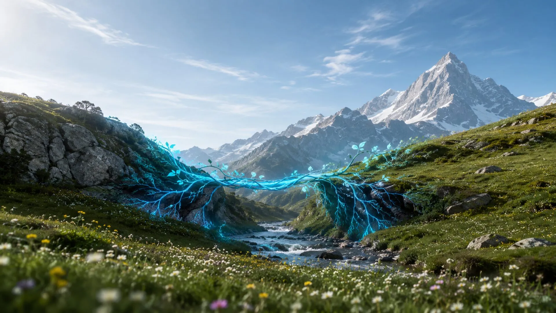 Custom business software, a cyan terraced hillside of modular blocks rising from a mountain meadow, as an image of software assembled around a company's own processes