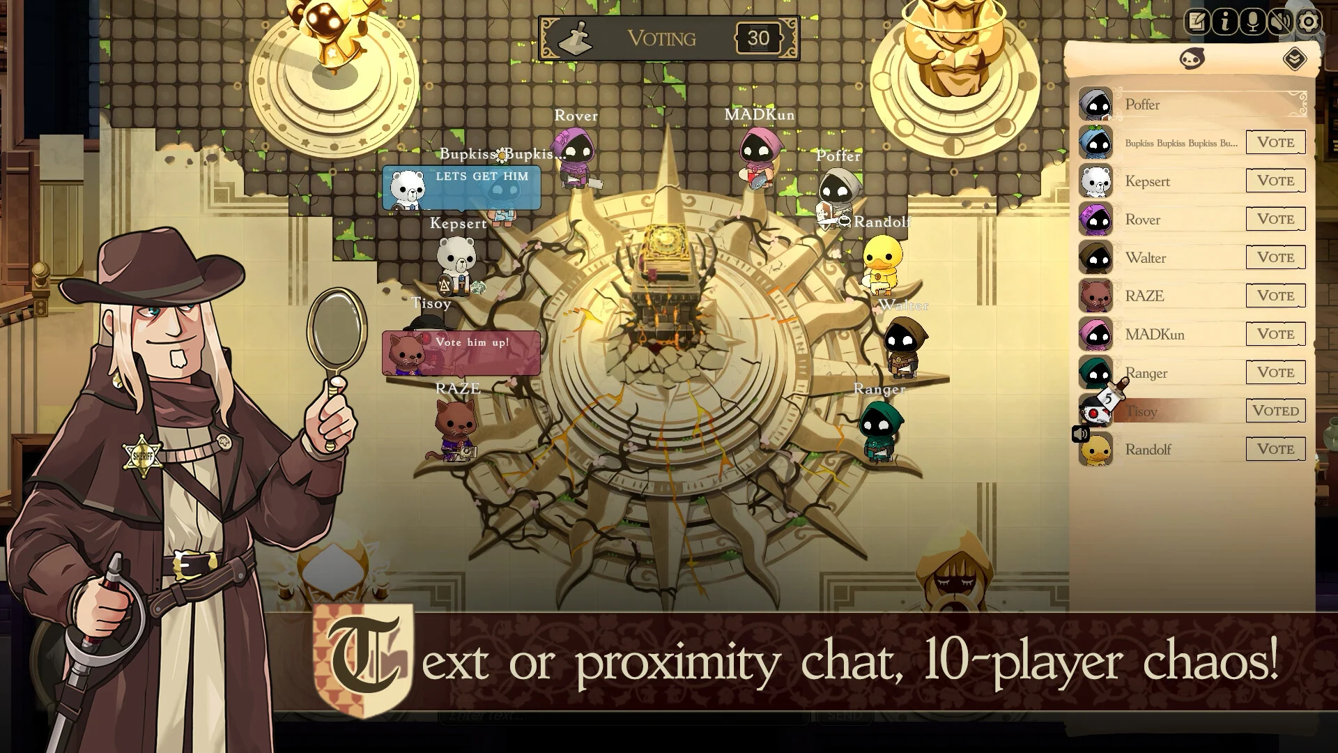 Een stemronde in Castle of Blackwater: tien spelers rond de tafel en de lijst met stemmen