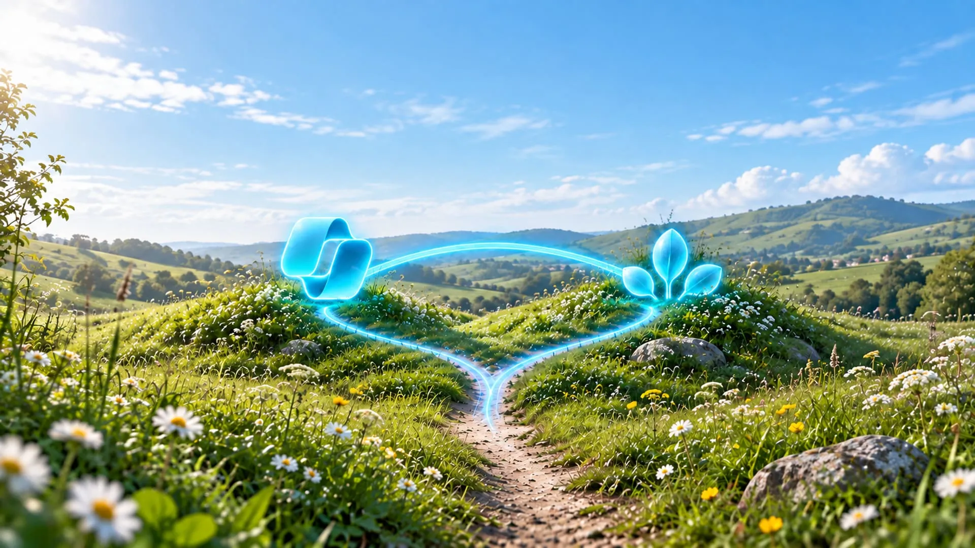 Microsoft Copilot Studio of maatwerk, een cyaan Copilot-symbool en lichtzaden op twee bloemenheuvels