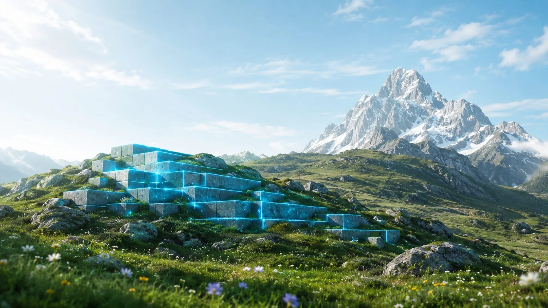 CRM op maat, een cyaan terrasvormige helling van modulaire blokken die uit een bergweide oprijst, als beeld voor een CRM dat rond je eigen verkoopproces wordt opgebouwd