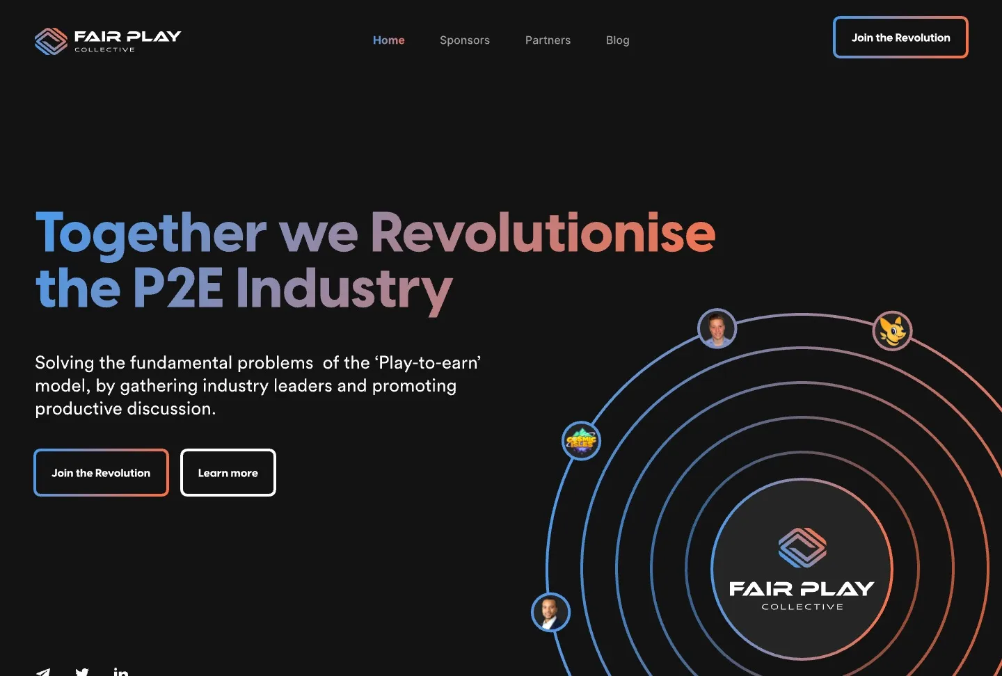 De homepage van Fair Play Collective: leden draaien in banen rond het logo
