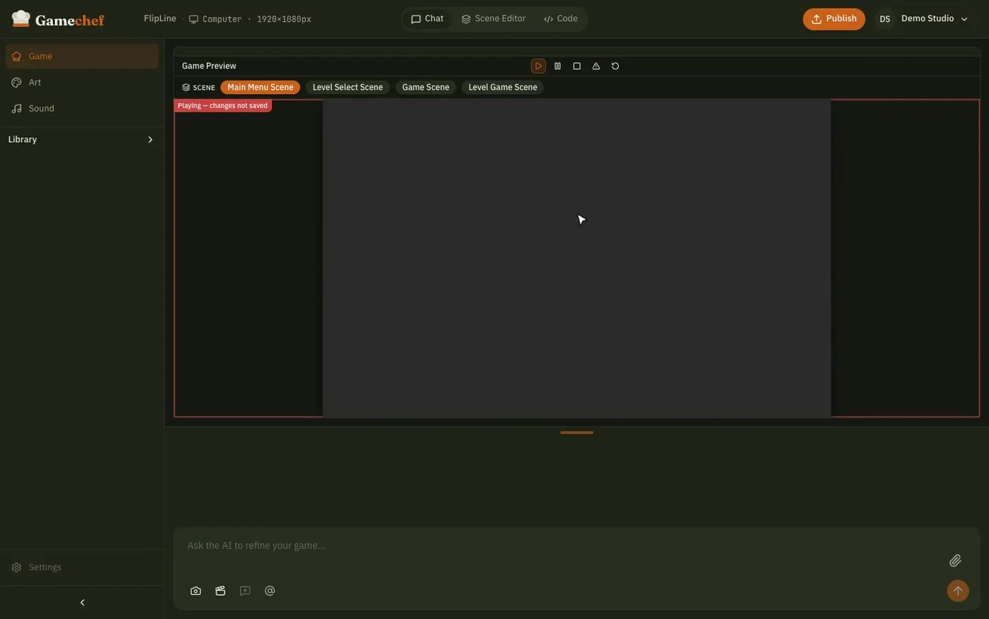 GameChef in de browser met een voorbeeldspel: het spel draait in de preview naast de tabs voor chat, scene-editor en code, met art en sound in de zijbalk