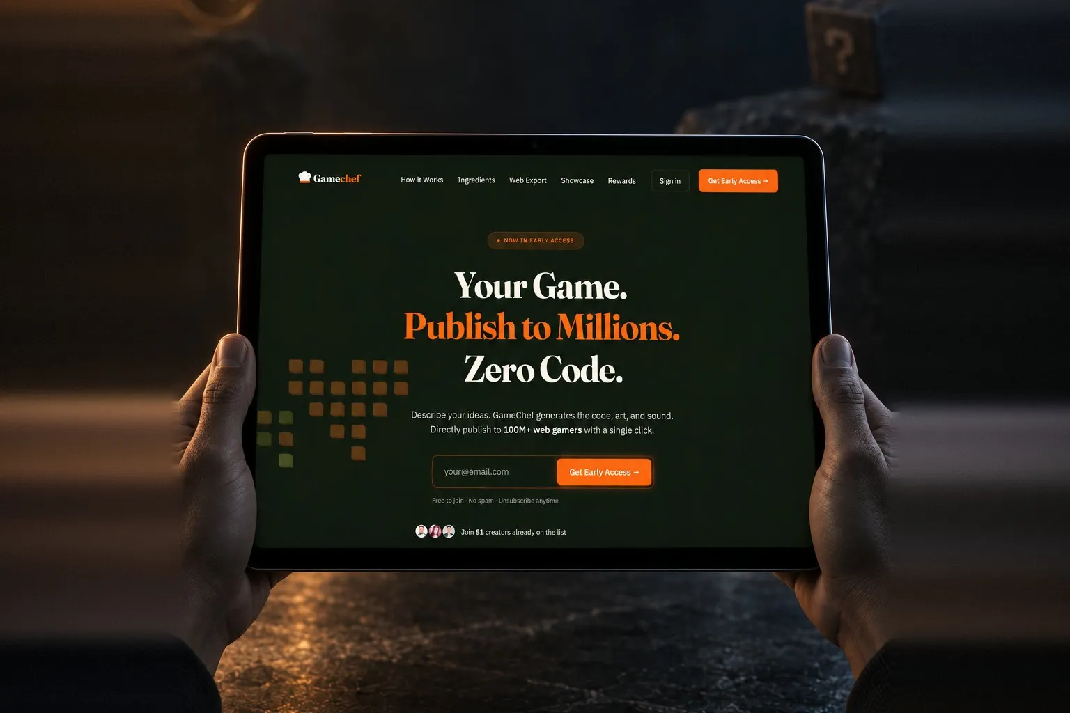 De website van GameChef op een tablet: een browser-based AI game engine gebouwd door TopDevs
