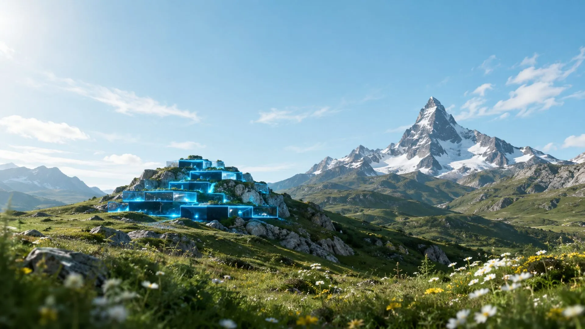 Horeca website laten maken, cyaan modulaire blokken in een alpine berglandschap