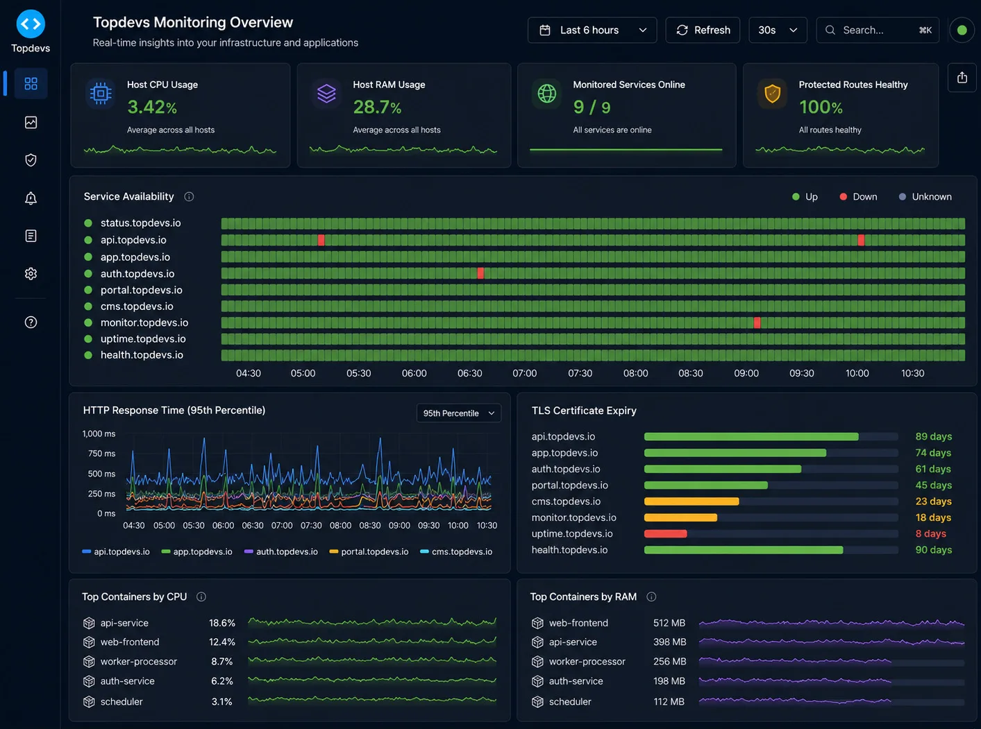 TopDevs monitoringdashboard met host-CPU en -RAM, service-uptime, HTTP-responstijden en TLS-certificaatvervaldata van een live applicatie