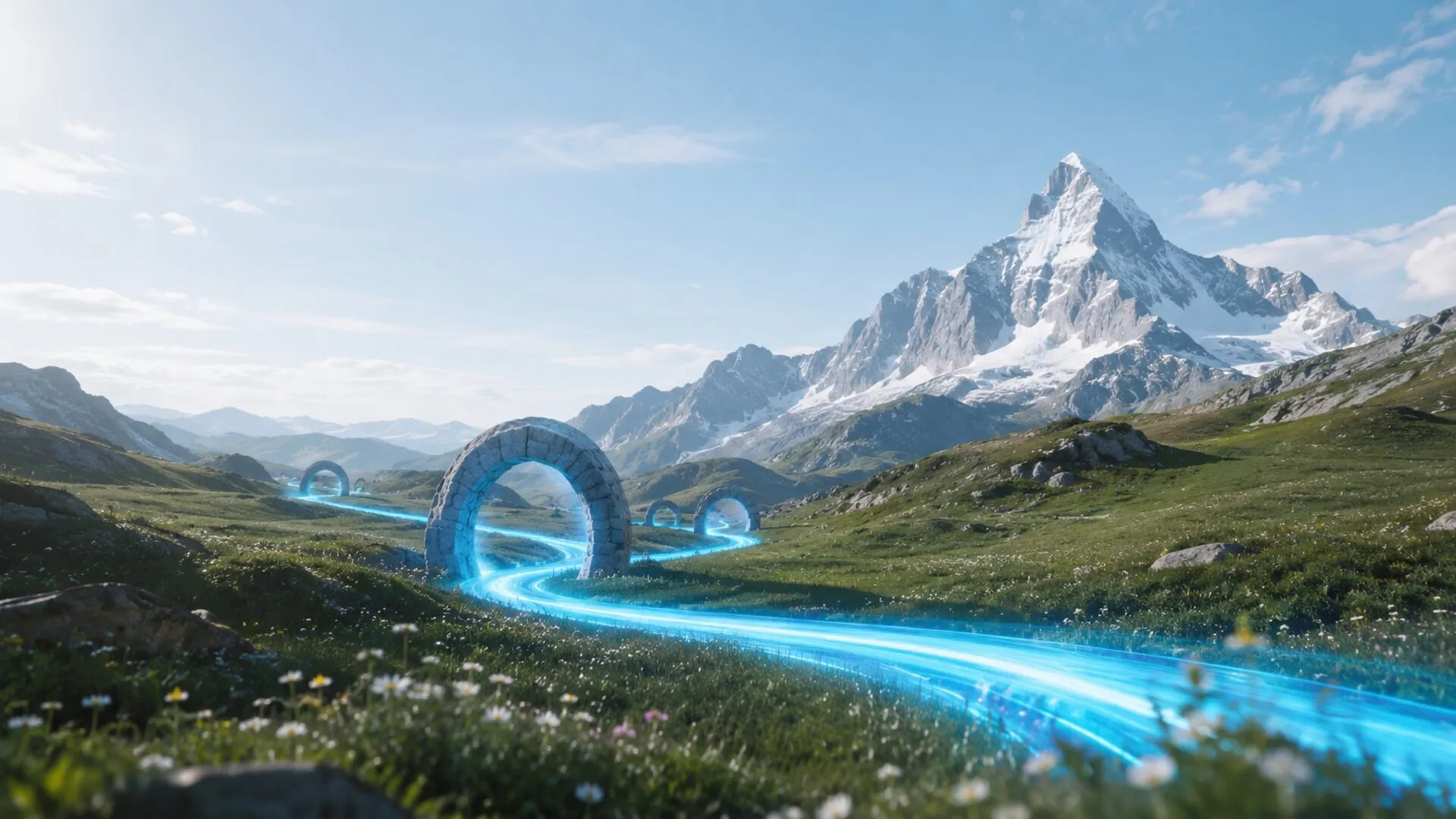 n8n met AI, een gloeiende cyaan stroom die door een groen berglandschap stroomt