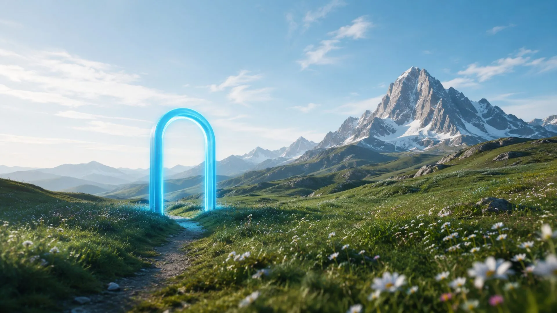 Portaal laten maken, een cyaan lichtpoort die oprijst uit een groene bergweide, als beeld voor een afgeschermde online omgeving waar gebruikers doorheen naar binnen gaan