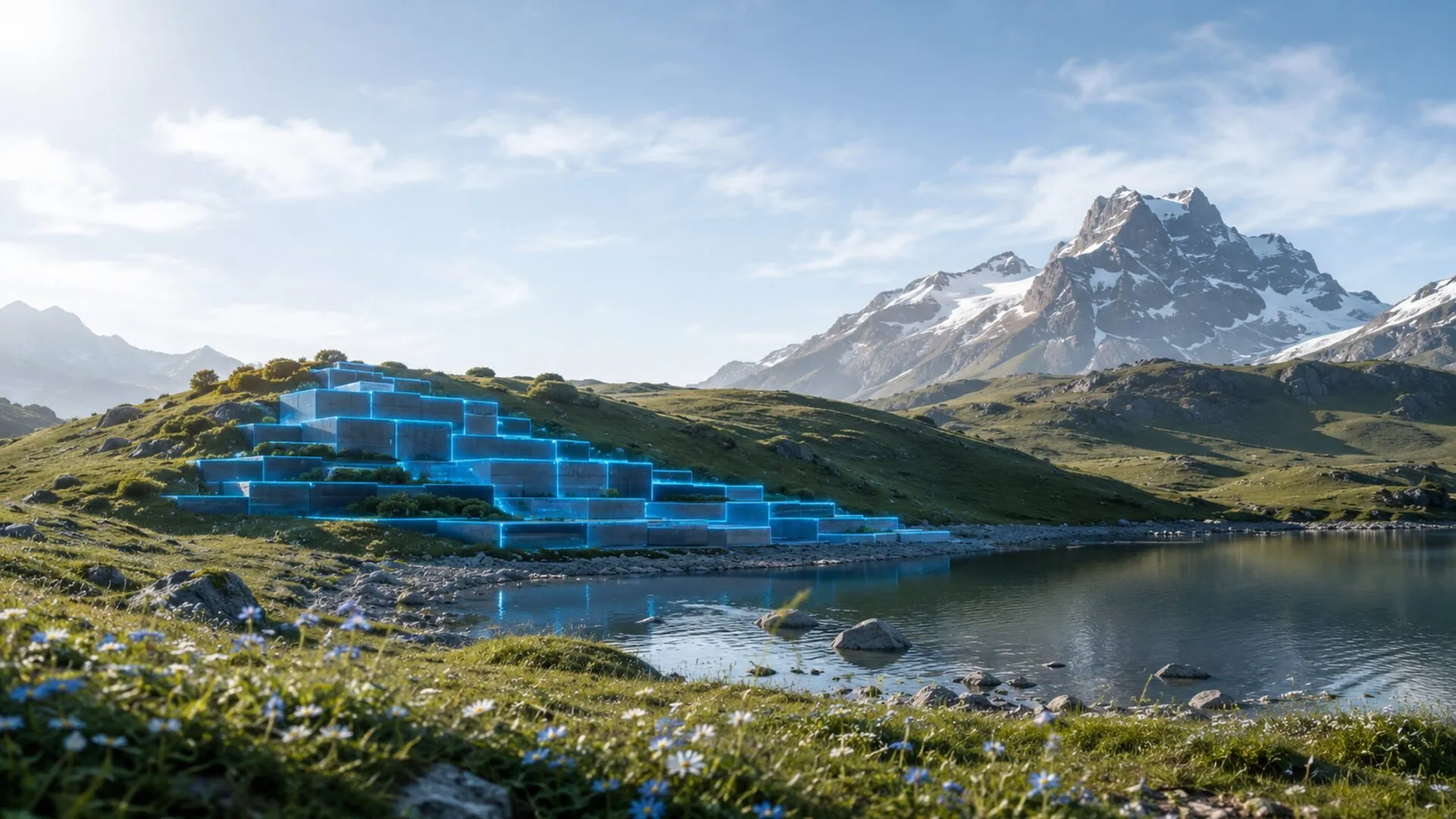 Progressive web apps uitgelegd, cyaan modulaire blokken in een alpine berglandschap