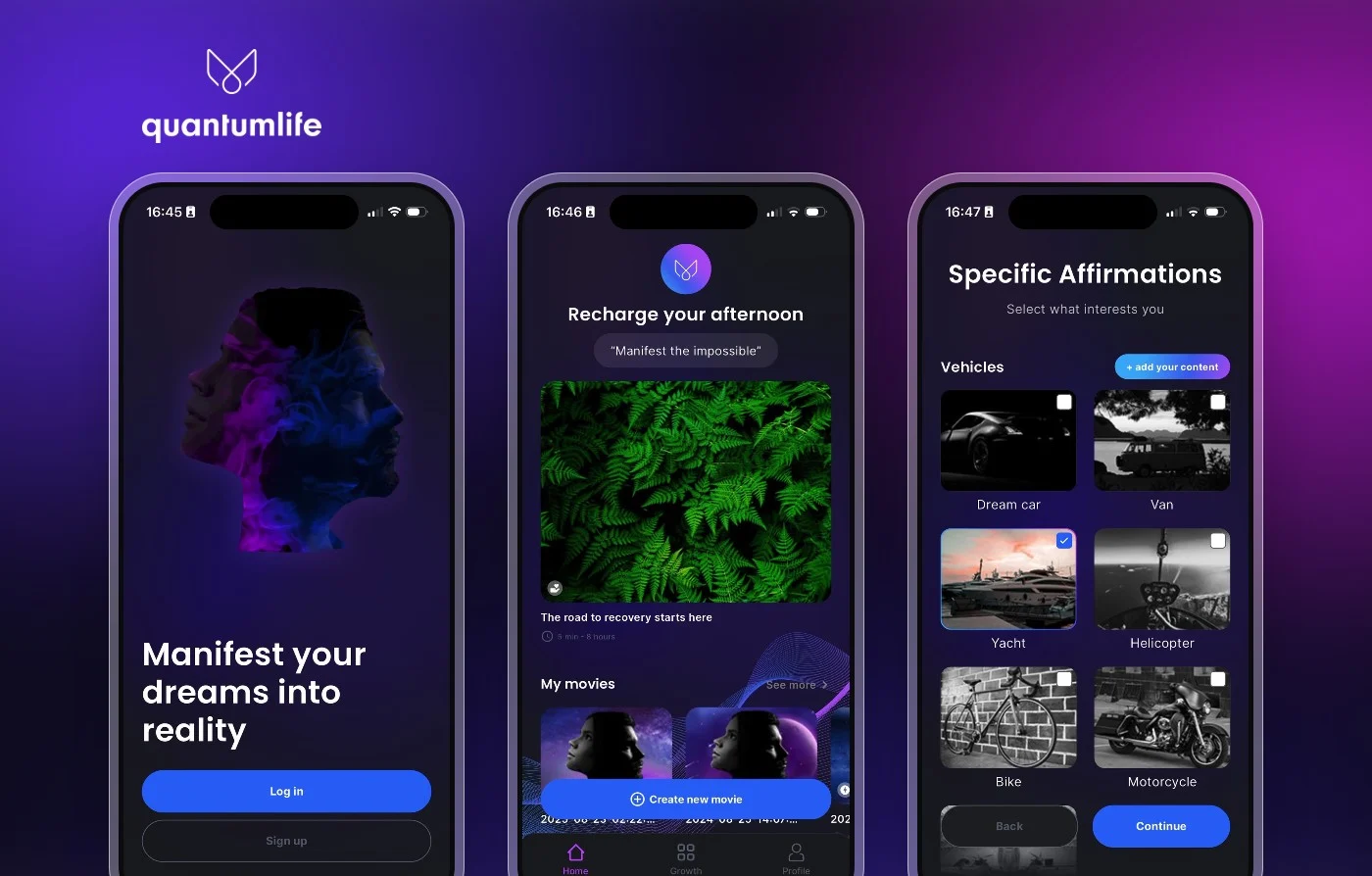 De Quantum Life-app op drie telefoons; op de middelste loopt de app van het startscherm via de lessenbibliotheek naar het maken van een Quantum Movie
