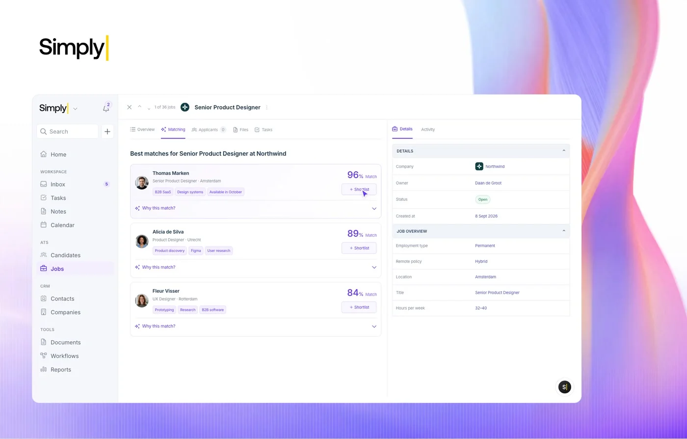 Het ATS van Simply in beweging: matchen, het pipelinebord en het dashboard