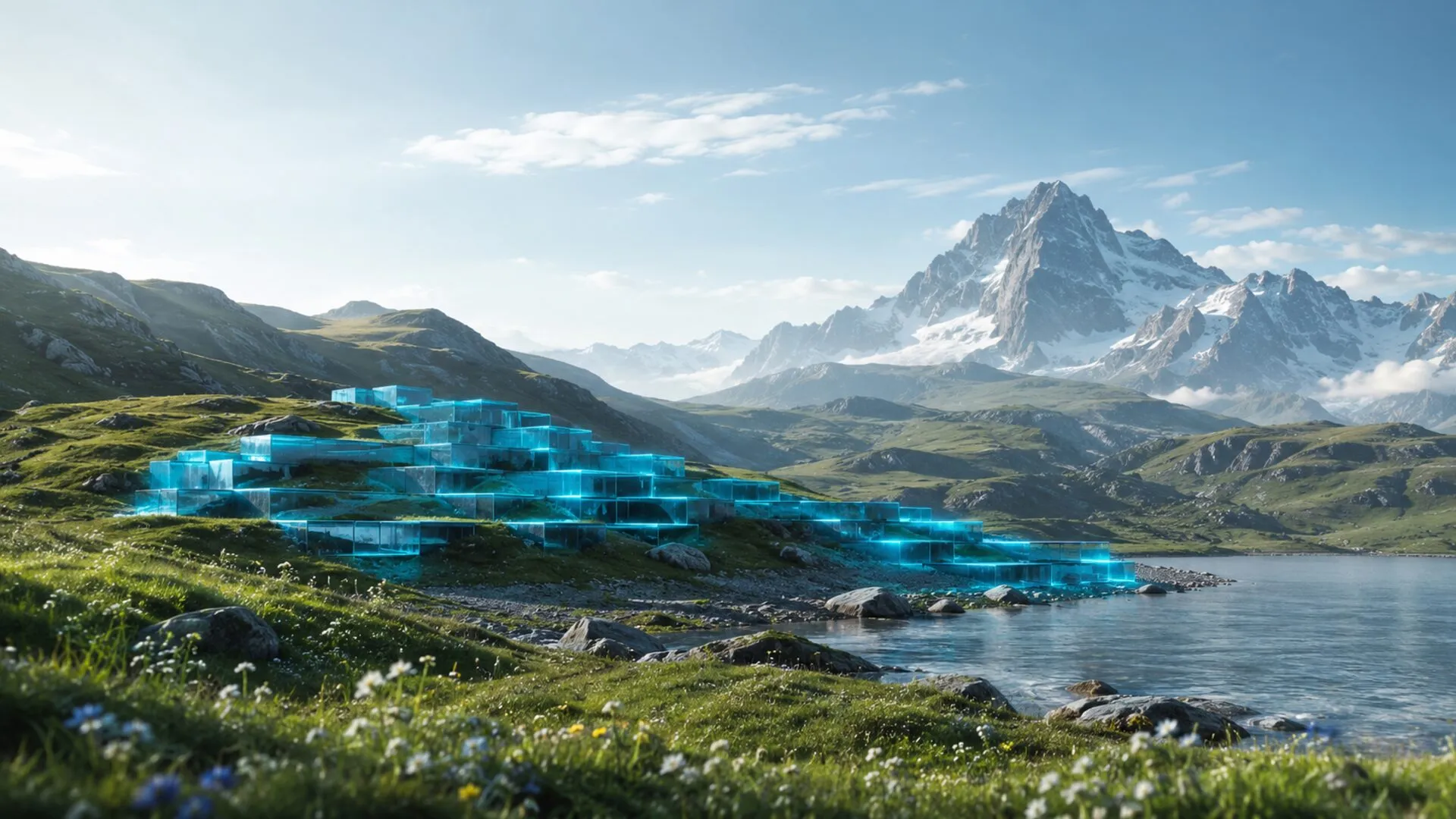 Software nabouwen, een cyaan terrasvormige helling van modulaire blokken die uit een bergweide oprijst, als beeld voor bestaande software die opnieuw op een moderne basis wordt opgebouwd