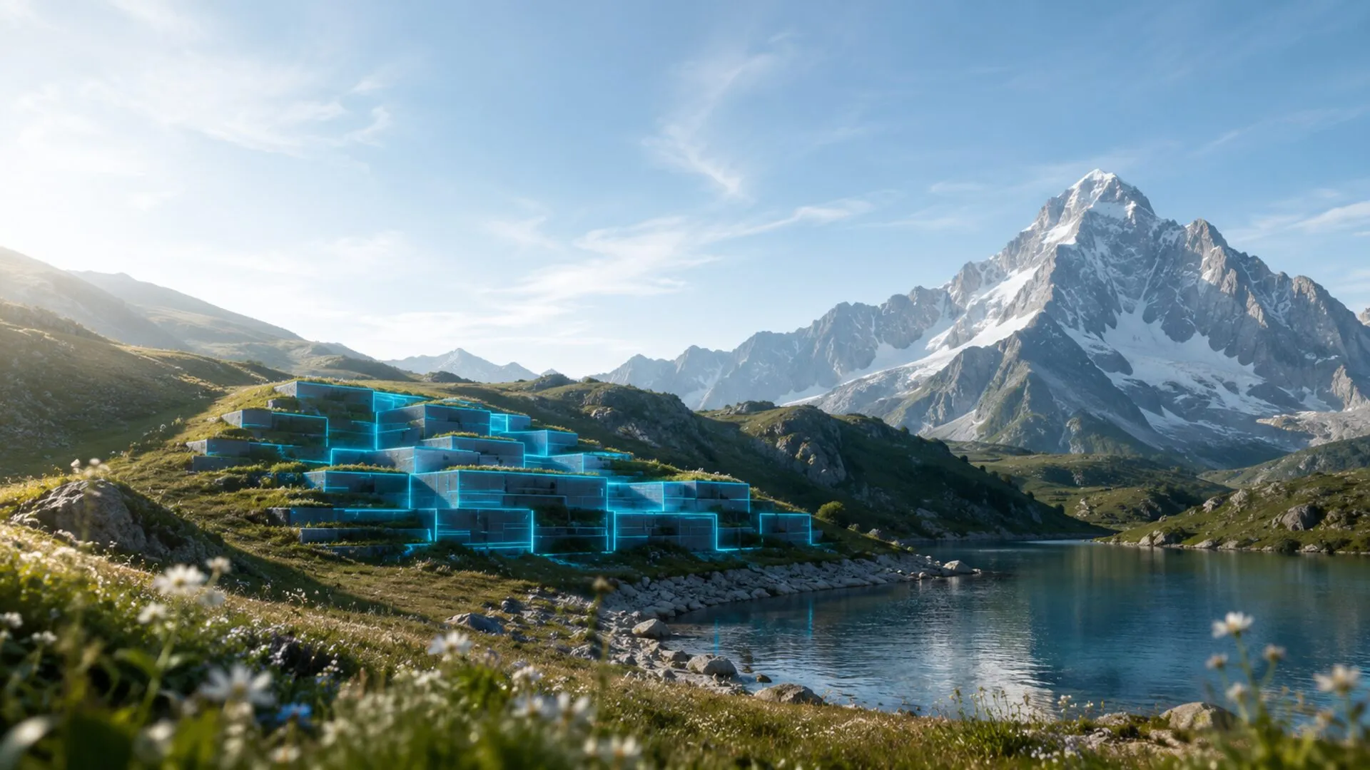 Software voor gemeenten, modulaire cyaan blokken die als terrassen in een berghelling zijn gebouwd rond een groter bestaand fundament