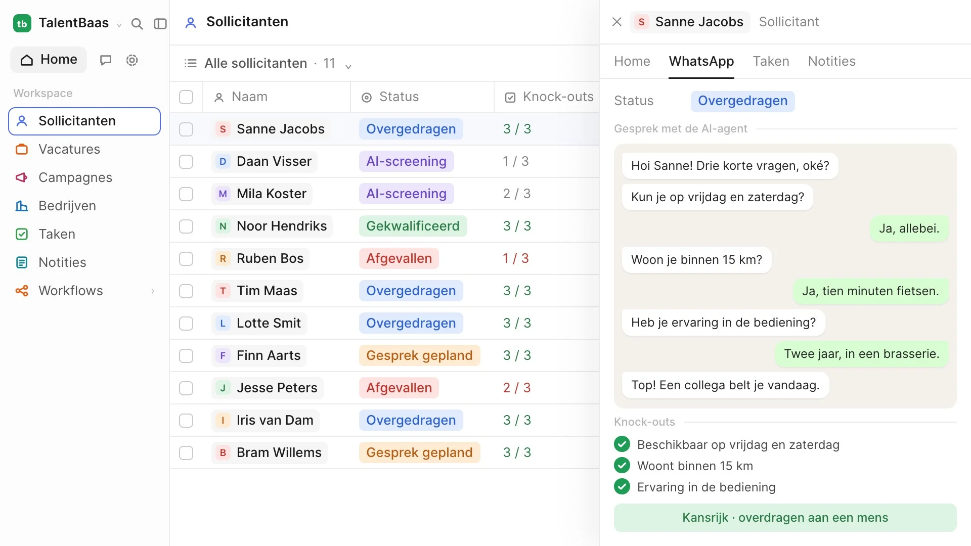 Nagebouwde weergave van de flow: een sollicitatie komt binnen via een Meta-advertentie, de AI-agent stelt knock-outvragen via WhatsApp en draagt de kandidaat over