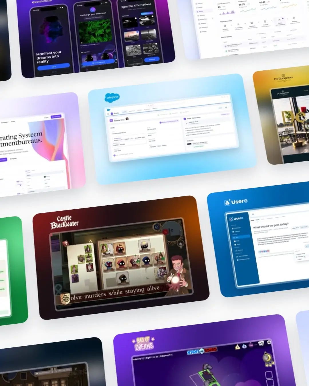 Beeld uit de showreel van TopDevs: een wand van projecten, van platforms en websites tot games