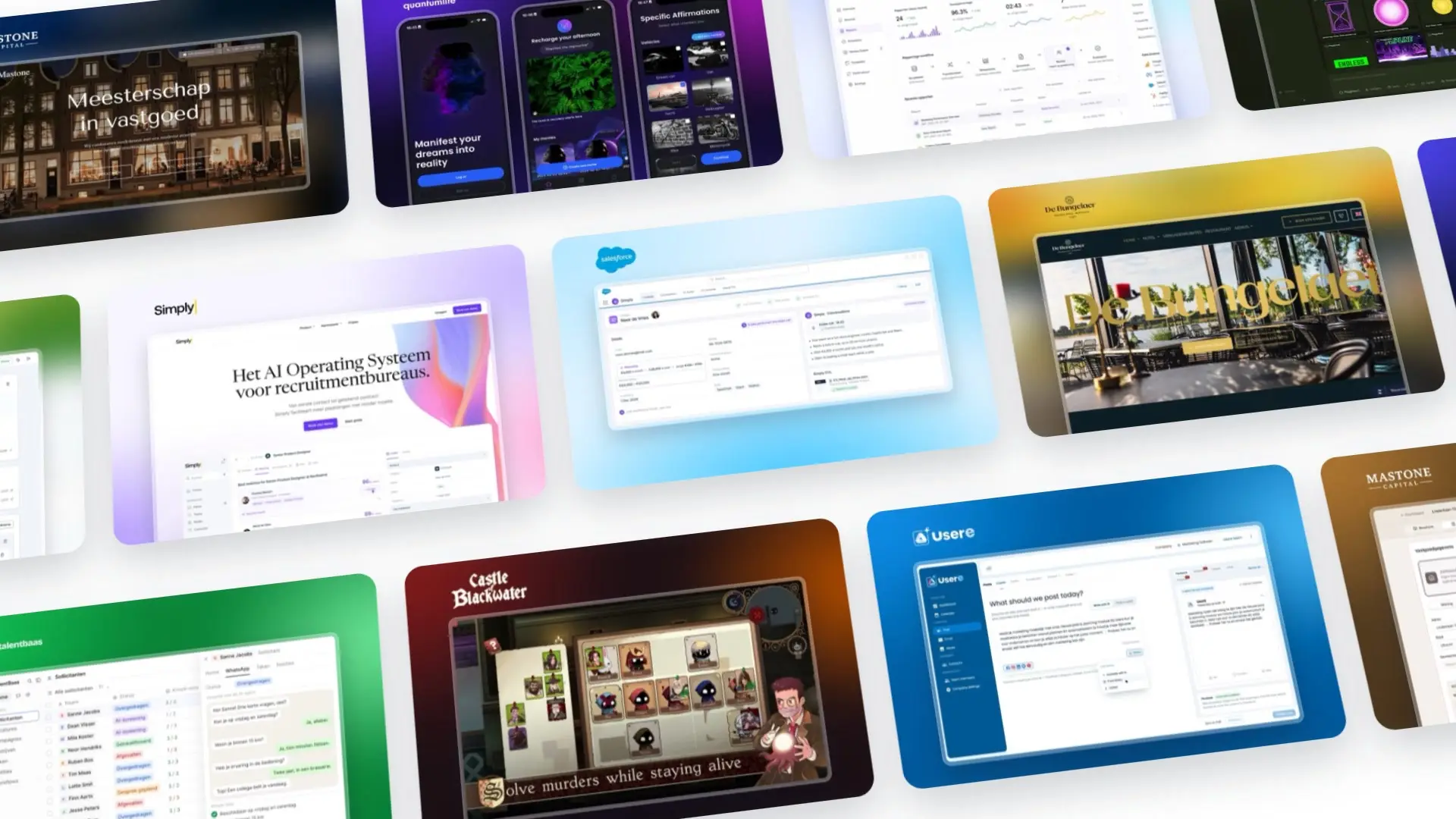 Beeld uit de showreel van TopDevs: een wand van projecten, van platforms en websites tot games
