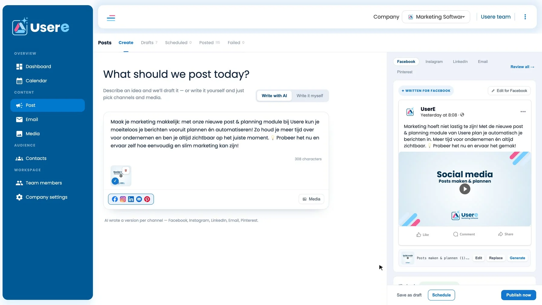 De postmodule van Usere: een prompt typen, AI schrijft de post per kanaal, een video uit de bibliotheek koppelen en het inplanvenster met een slimme suggestie