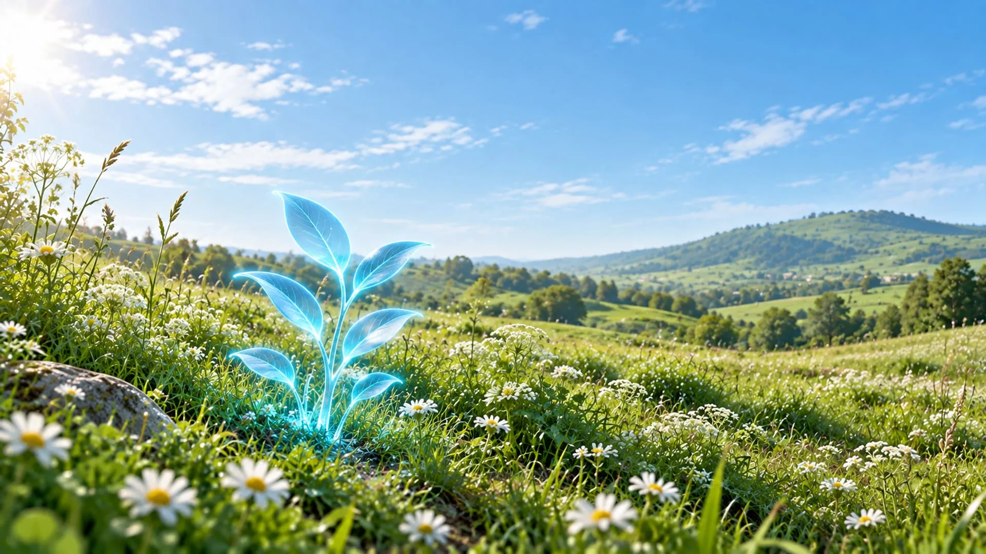 Vibe coding verbeeld als cyaan scheuten die uitgroeien tot een plant in een bloemenweide