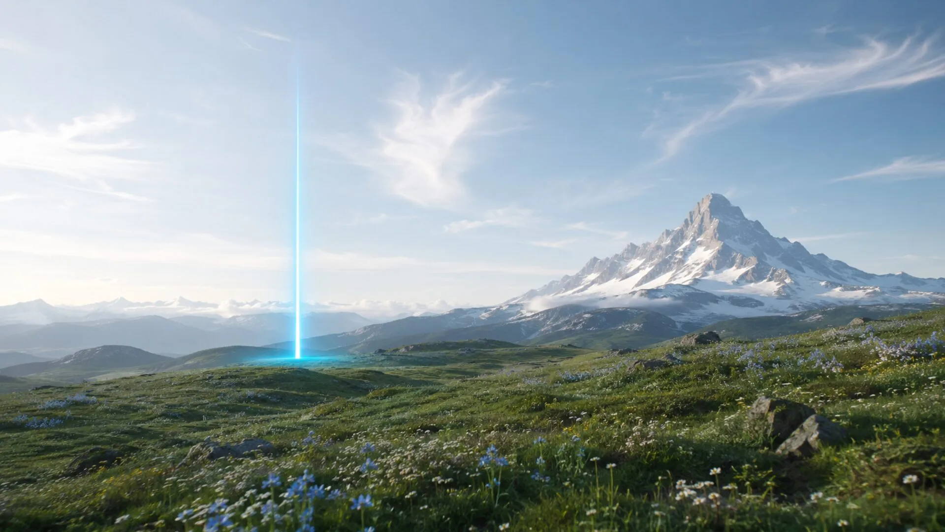 Website laten maken als zzp'er, een enkel gloeiend cyaan baken in een alpine bergweide