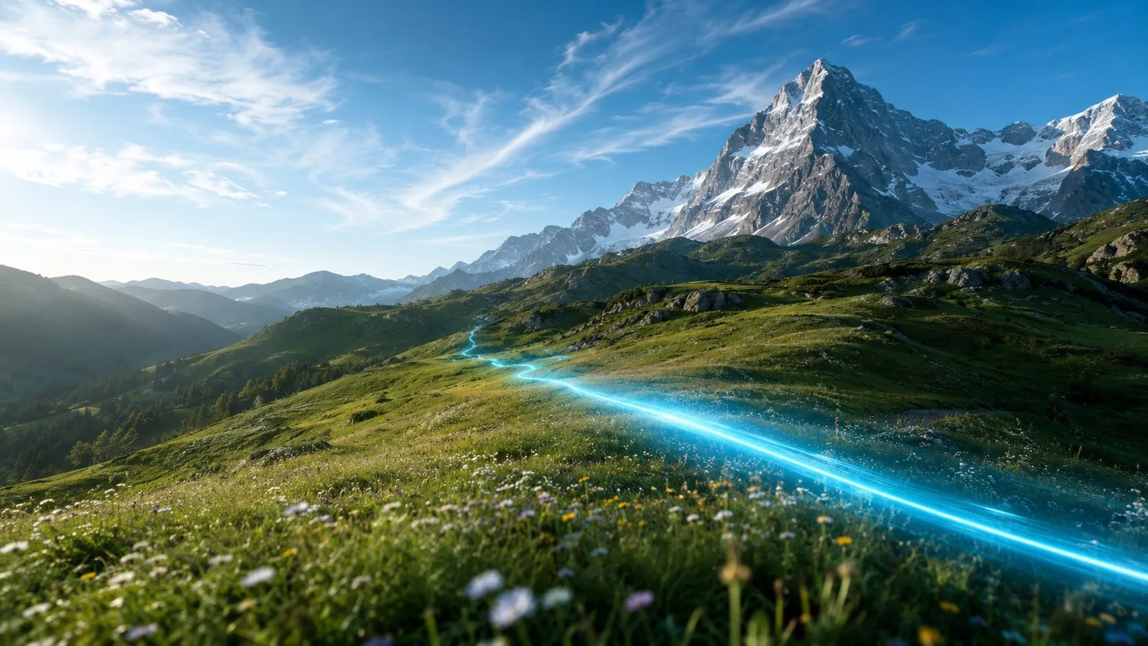 Website snelheid en Core Web Vitals, een snelle cyaan lichtflits die over de weide schiet